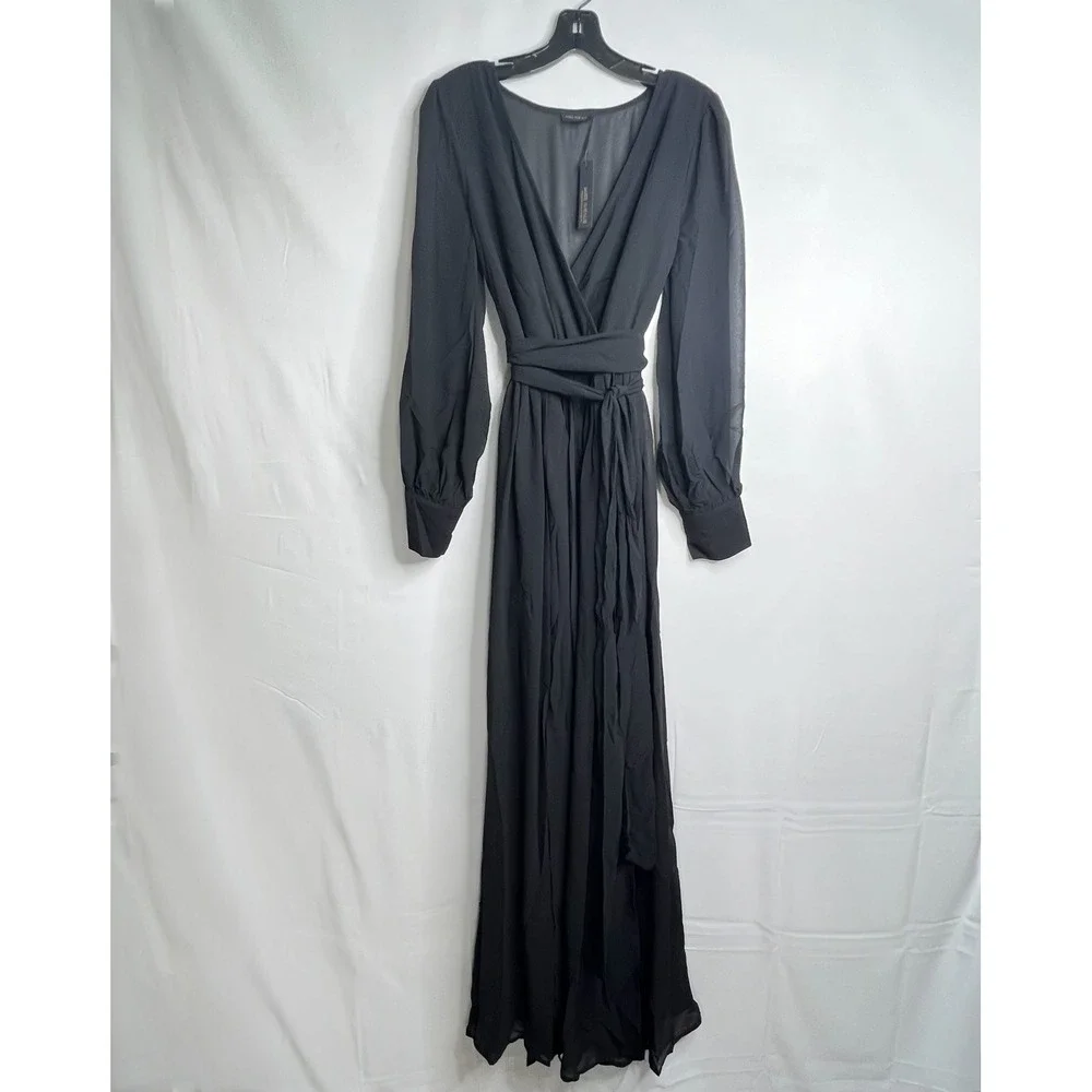 Miss Avenue Black Maxi Dress L Chiffon Overlay High Slits Formal Goth Whimsigoth